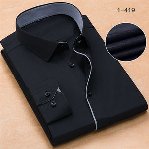 good Patchwork black button turn down collar long sleeve twill business formal mens dress shirts solid men 's top