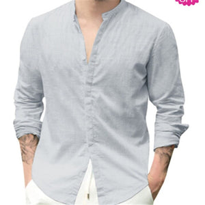 New Men Shirt Long Sleeve Solid Cotton Linen Casual Shirts Shirt V-Neck Cotton Chinese Style Summer Beach Top