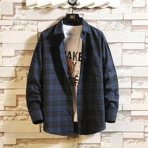 Casual Spring Autumn Plaid Shirt Men Long Sleeve High Quality 2019 Japan Style Loose Streetwear Plus Size M-5XL Clothes