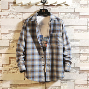 Casual Spring Autumn Plaid Shirt Men Long Sleeve High Quality 2019 Japan Style Loose Streetwear Plus Size M-5XL Clothes