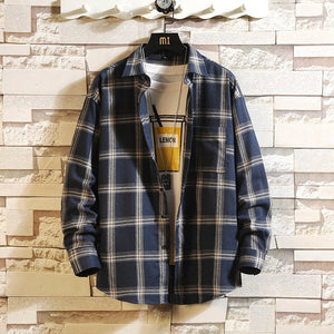 Casual Spring Autumn Plaid Shirt Men Long Sleeve High Quality 2019 Japan Style Loose Streetwear Plus Size M-5XL Clothes