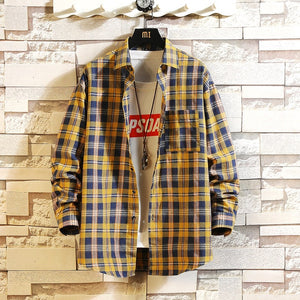 Casual Spring Autumn Plaid Shirt Men Long Sleeve High Quality 2019 Japan Style Loose Streetwear Plus Size M-5XL Clothes