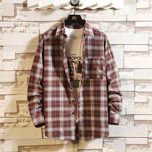 Casual Spring Autumn Plaid Shirt Men Long Sleeve High Quality 2019 Japan Style Loose Streetwear Plus Size M-5XL Clothes