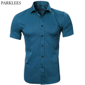 Men's Elastic Bamboo Fiber Dress Shirts 2018 Summer New Short Sleeve Shirt Men Casual Brand Business Work Shirt Camisa Masculina