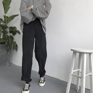 Pants Women Loose Solid Corduroy High Waist Pockets Solid Womens Long Trousers Korean Style Leisure All-match Simple Trendy